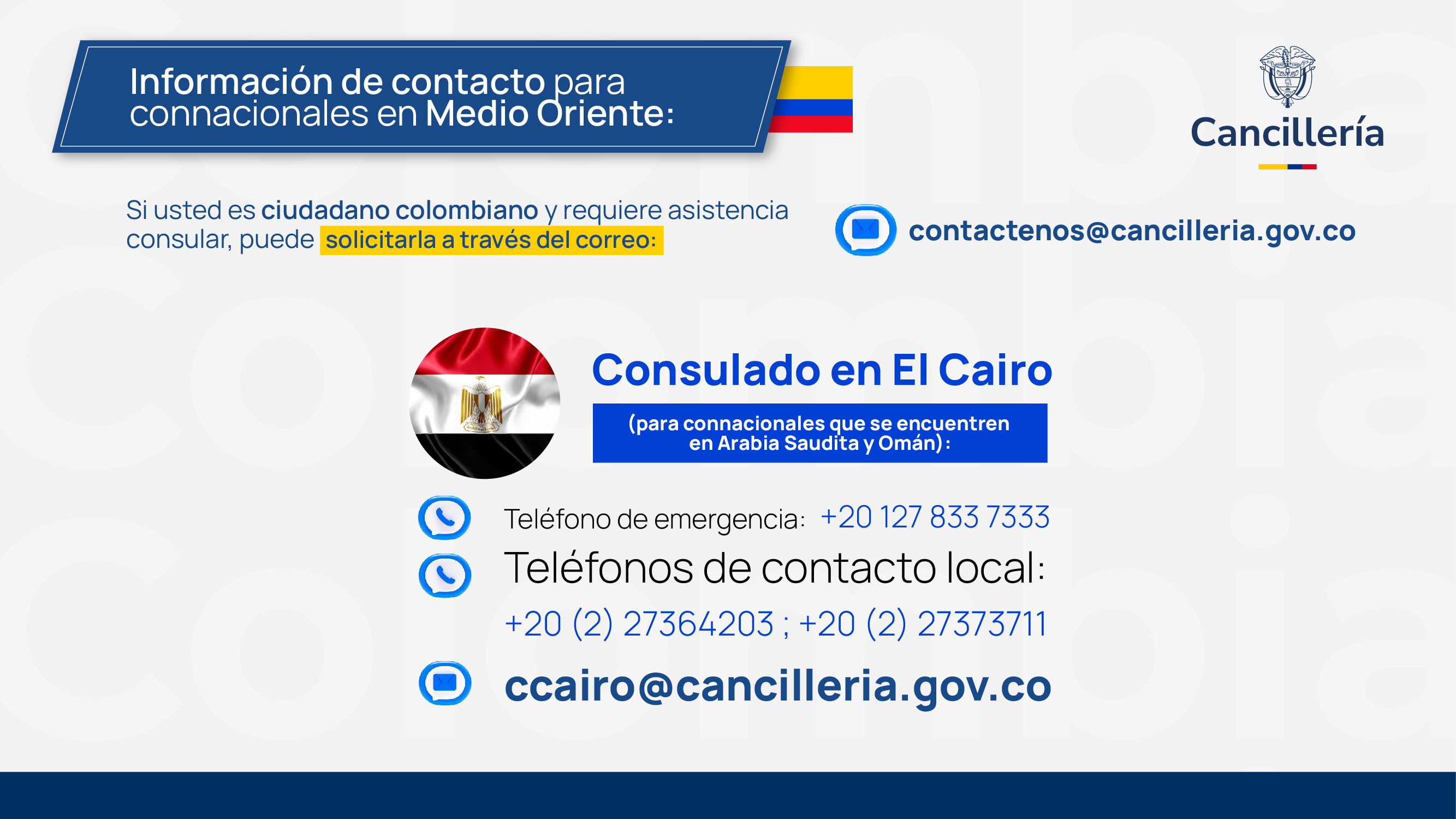 Recomendaciones generales para colombianos que se encuentren en El Cairo: